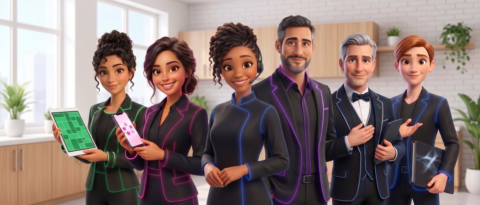 L’équipe SoiAgent en illustration 3D : Flora, Nova, Zuri, Hugo, Majordoc et Alex