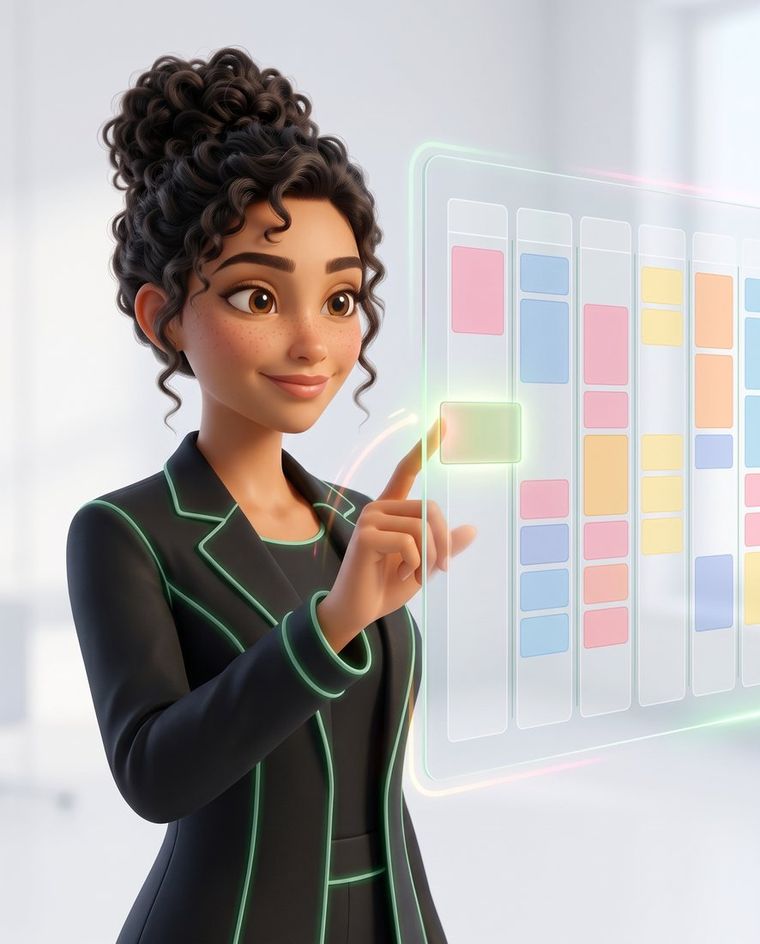 Flora, en illustration 3D, devant un planning