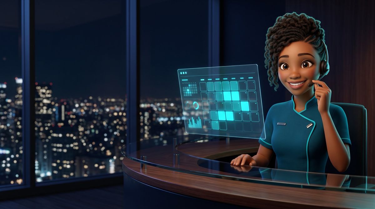 Zuri, en illustration 3D, répond à un appel le soir